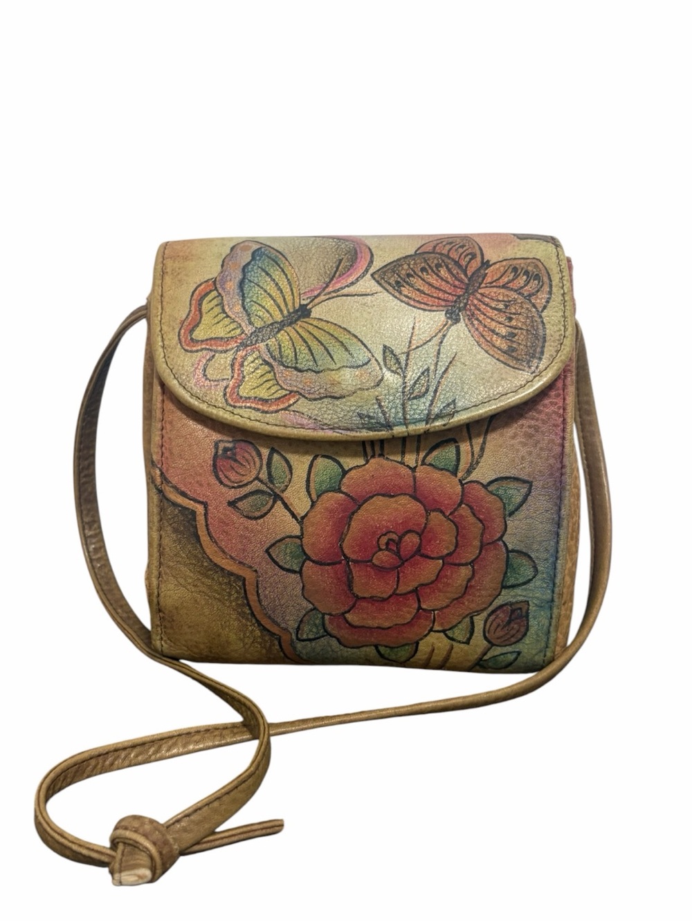 Anuschka Leather Floral Butterfly Hand Painted Minimalist Bag